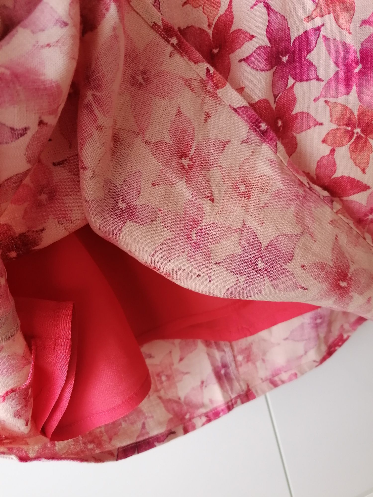 Sukienka midi 100% len kwiaty różowa beż za kolano do łydki lniana
