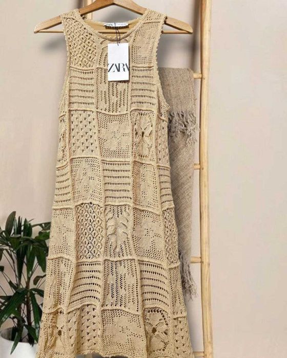 Платье Zara вязаное в технике пэчворк в стиле ручной работы, р. S/M