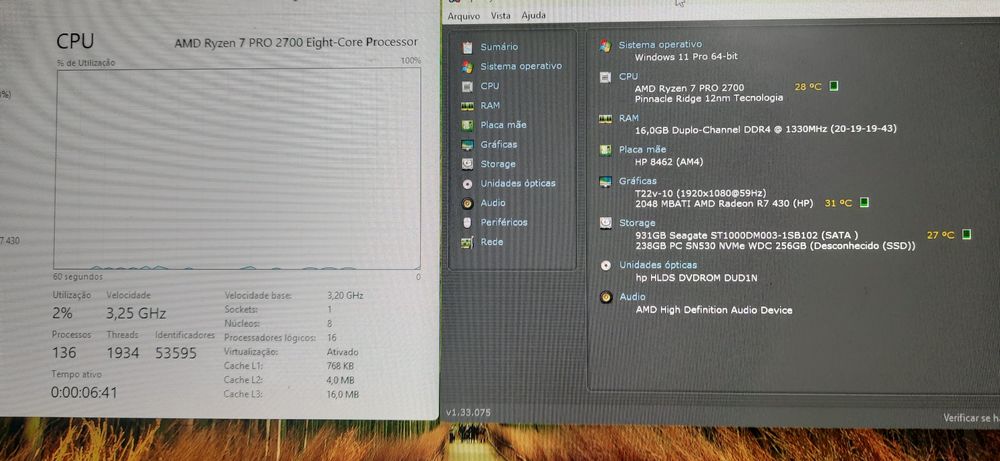 Pç LowGaming HP|Ryzen.7.Pro-3.2G|R7-430-2G|16G|HDMI|256G+1TB|5G+BT|W11