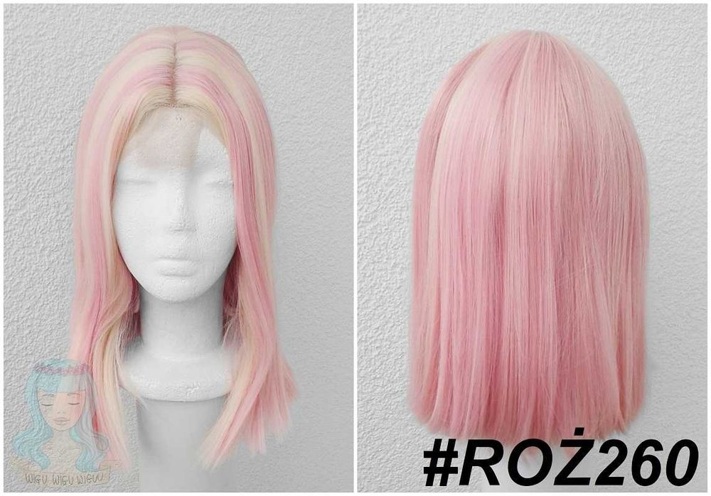 Różowa peruka z blond pasemkami przedziałek Lace Front cosplay wig