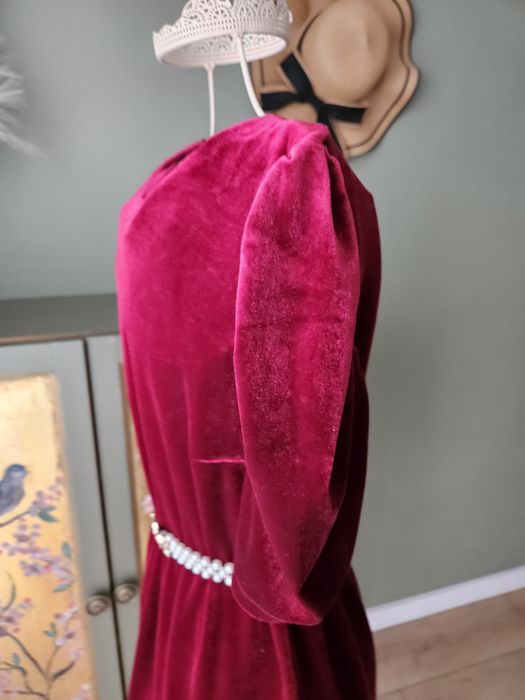 Luksusowa Sukienka damska XS/ S  Czerwone Wino Welur Krótki Rękaw