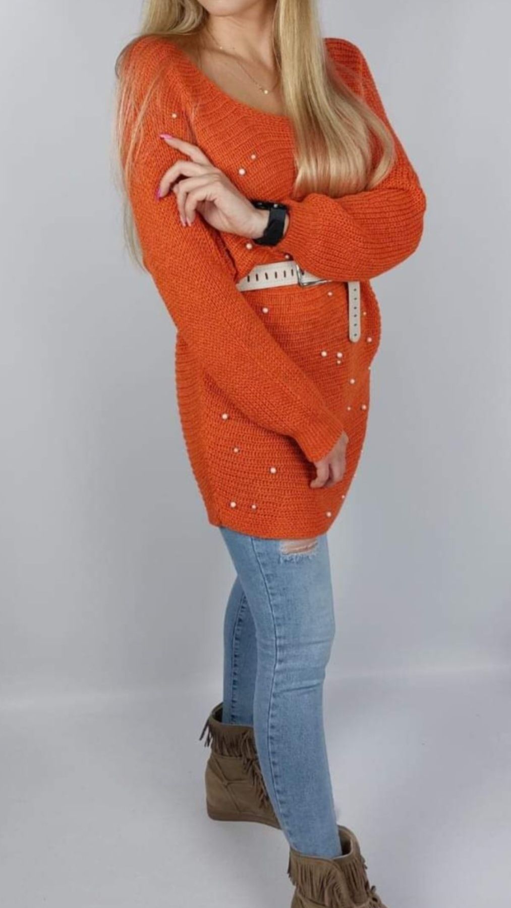 Sweter z koralikami pomarańczowy