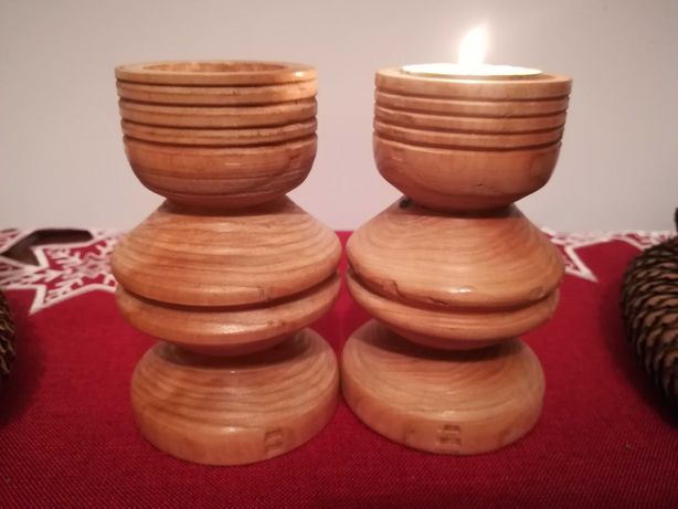 drewniane świeczniki 2 szt. toczony handmade ręcznie robione art deco