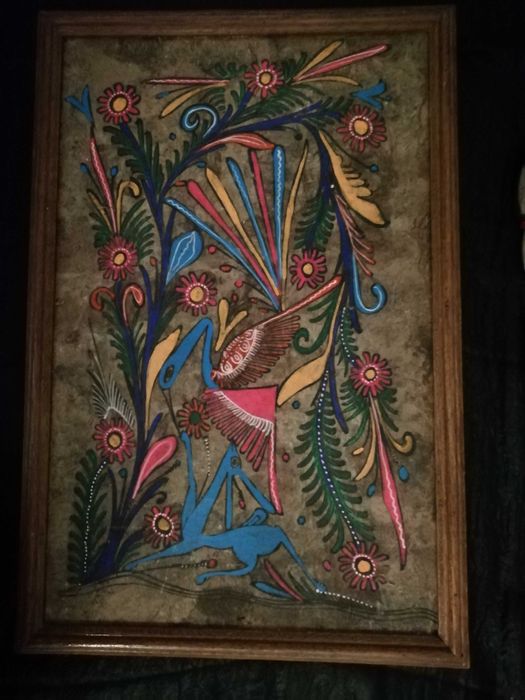 Quadro /tela antiga em pele pintada à mão -Original da América do Sul*