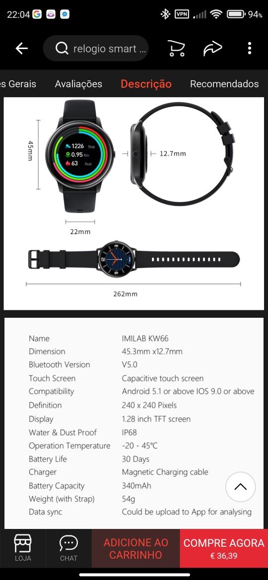 Smartwatch excelente qualidade com 2 braceletes