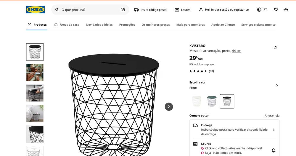 Mesa de arrumação, preto, 44 cm