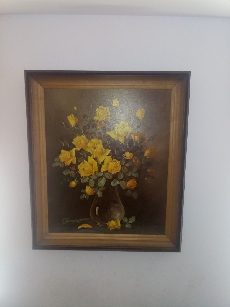 Duży Obraz Olejny (żółte róże Wazonie)