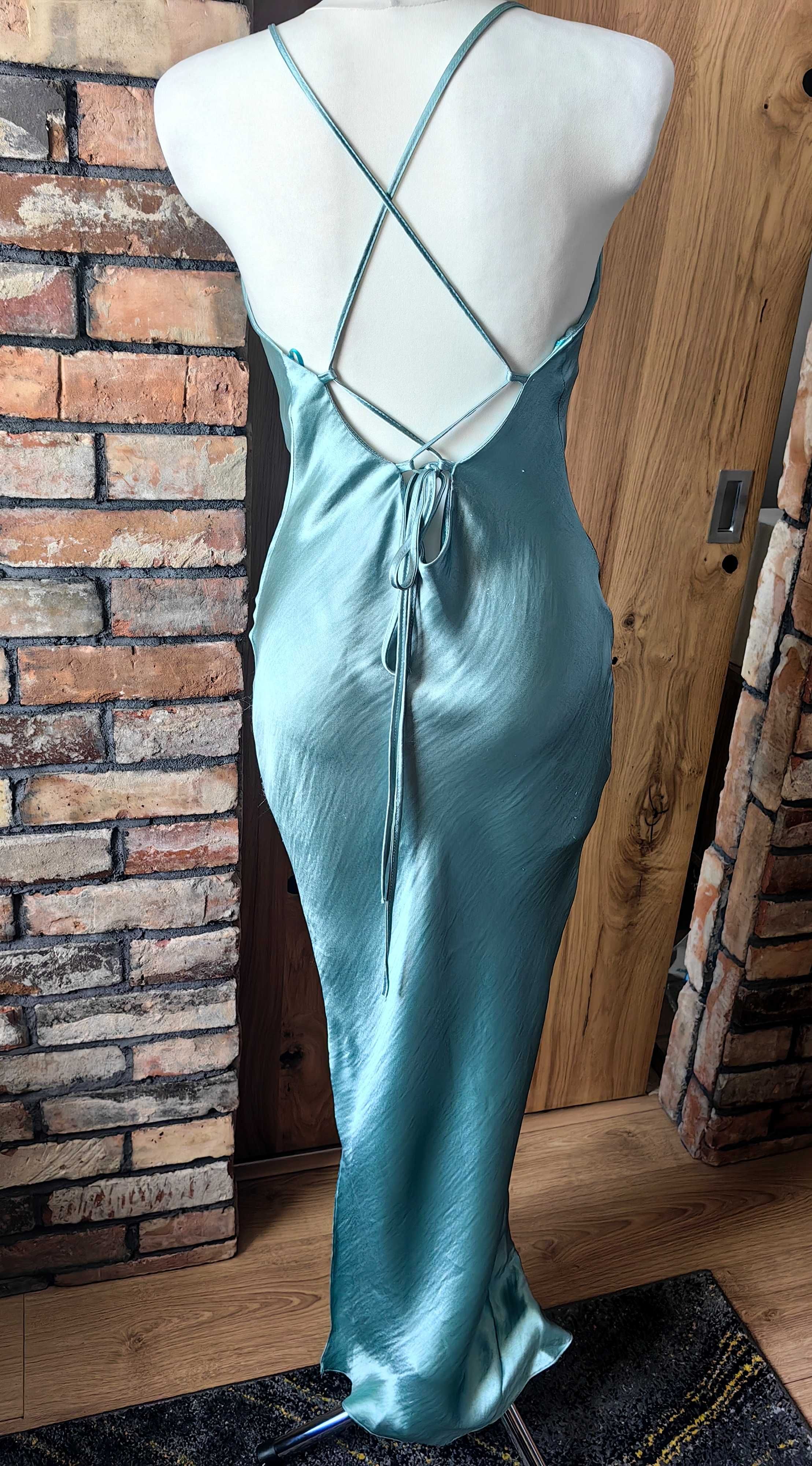 Długa satynowa sukienka damska na ramiączkach zielona asos L 40