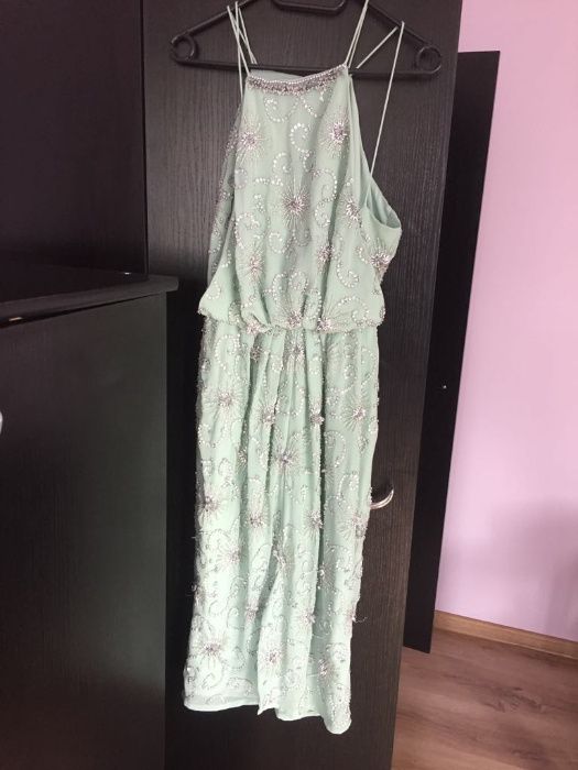 Sukienka wesele elegancka midi Asos turkusowa zielona zdobiona 38