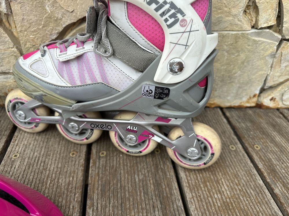 1 conjunto patins em linha Oxelo+proteções+capacete
