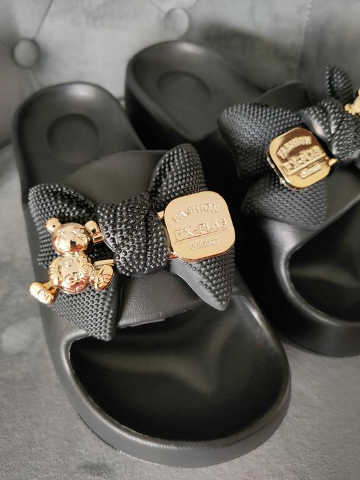 Klapki sandały na platformie złote misie złoto czarne 40 41