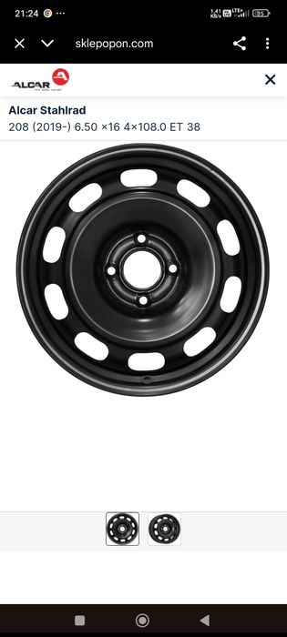 Alcar Stahlrad 6.50x16 4x108.0 ET38 208 (2019-) Felga  stalowa