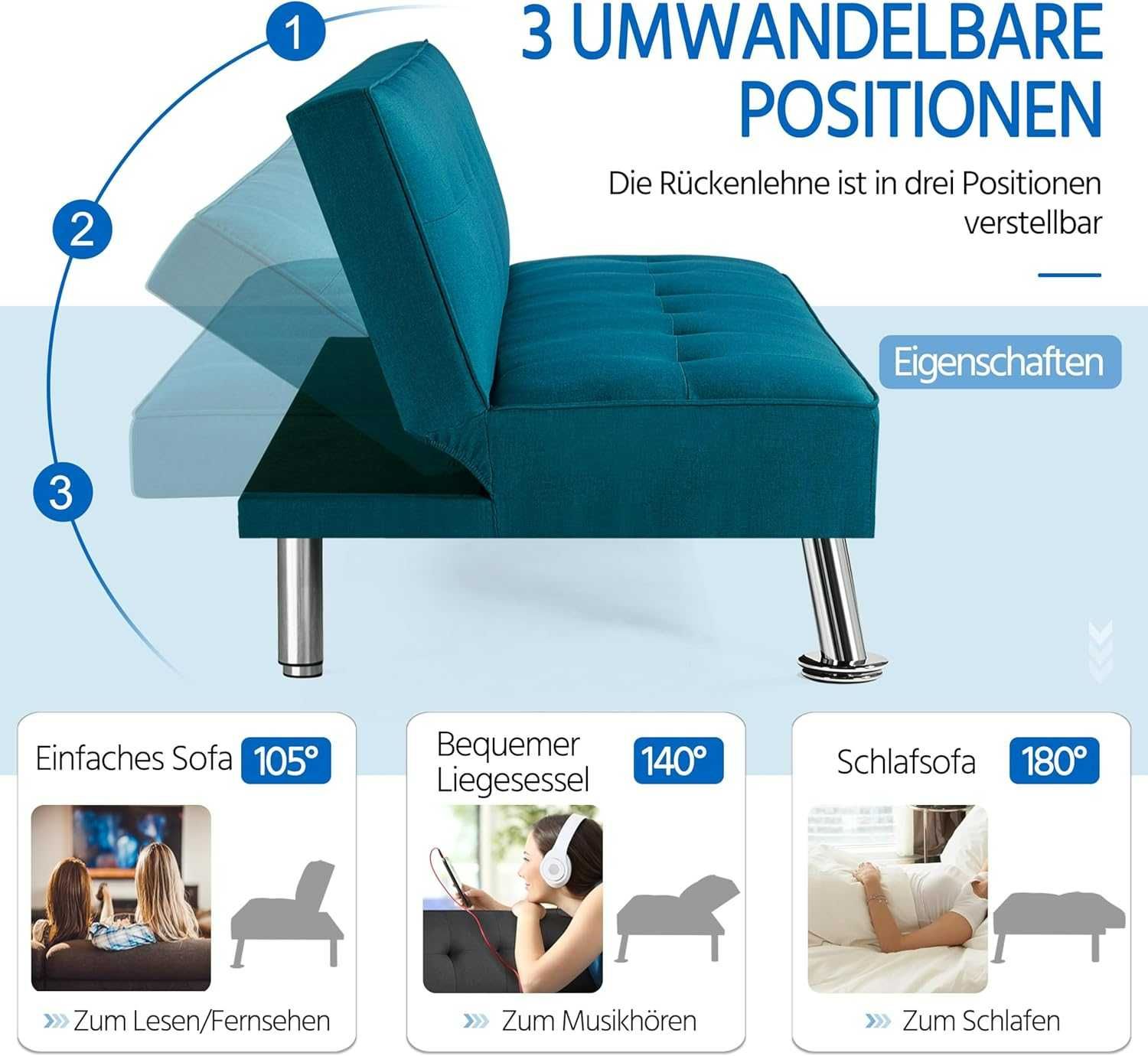 Kanapa Sofa rozkładana Yaheetech 3-osobowa łóżko gościnne 166 × 92 cm
