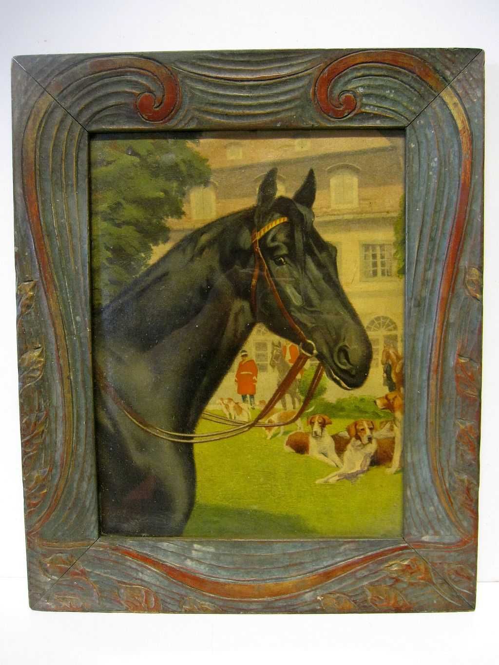 antiga moldura  Arte Nova em madeira com estampa - cavalo