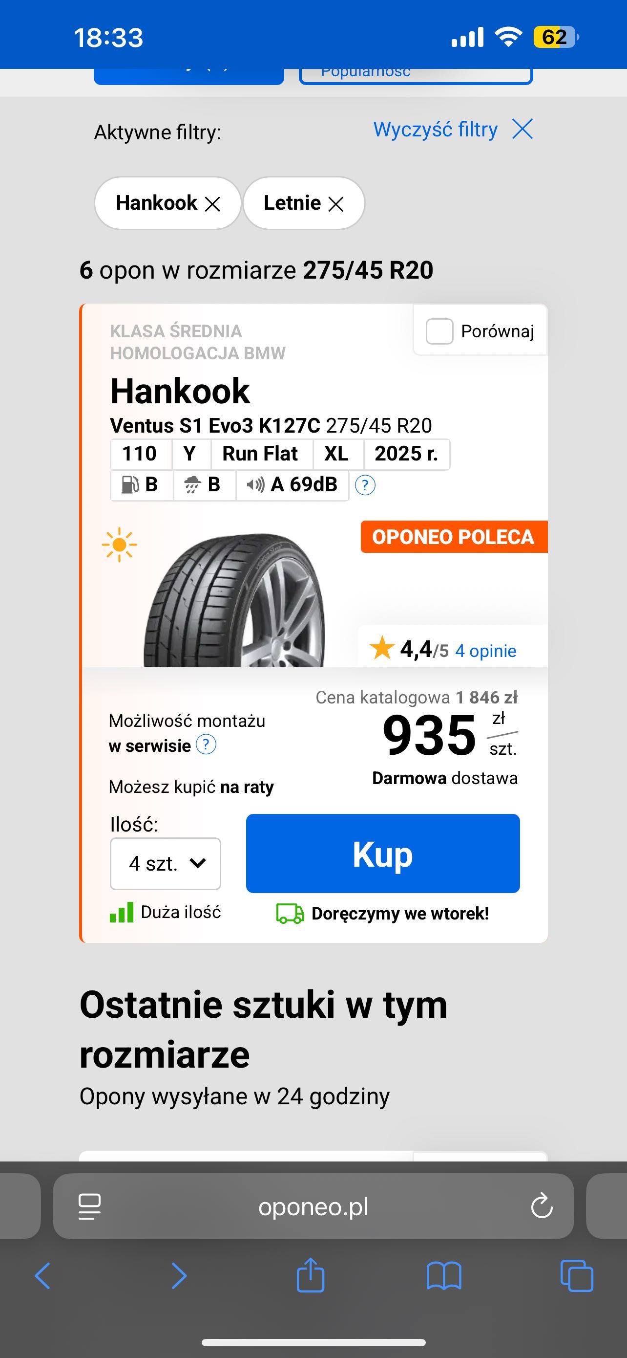 Nowy komplet opon HANKOOK S EVO 3 - 275/40/20 oraz 305/40/20 Kraków