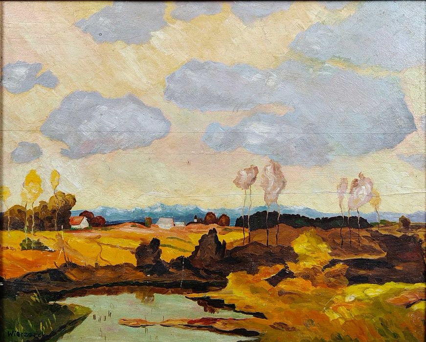 Obraz olejny pejzaż z jeziorem i chmurami Wieczorek olej na dykcie