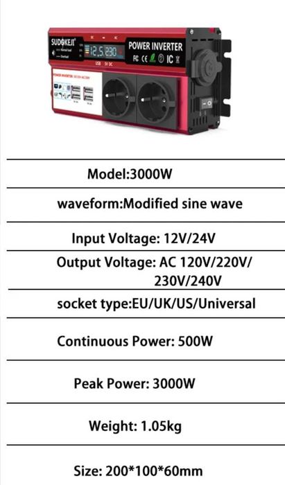 Інвертор живлення Sudokeji 12V до 220V 3000W з РК-диспл, розетками ЄС