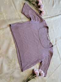Liliowa prążkowana bluzka z krótkim rękawem Sinsay rozmiar XL