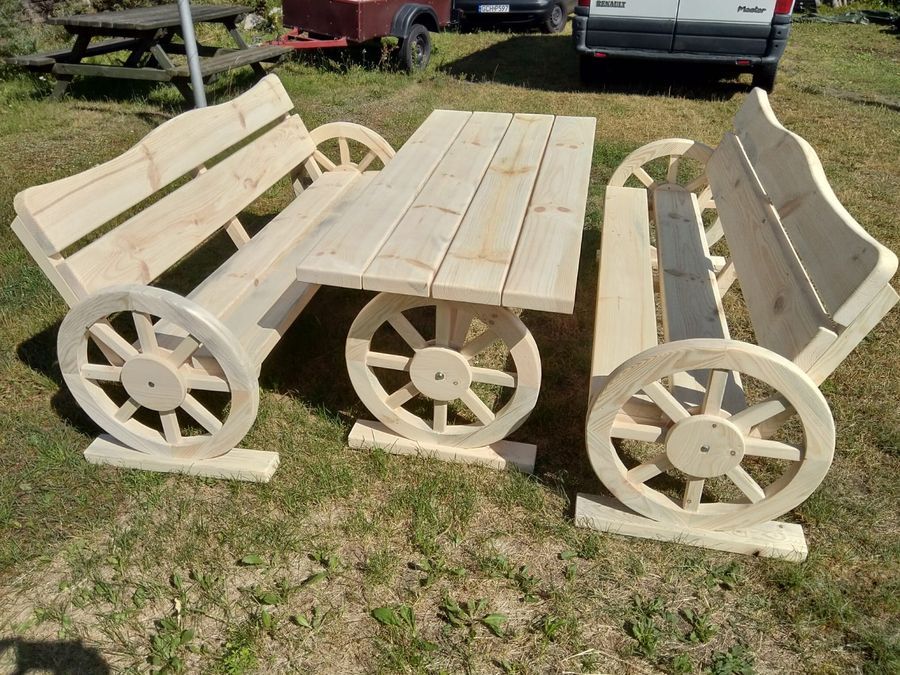 Meble ogrodowe koła 180 cm stół dwie ławki drewniane drewno biesiadne
