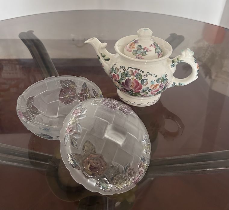 Bulé de chá + tigela para doces de cristal