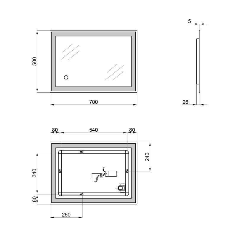 Зеркало Stork настенное прямоугольное,LED touch switch,700х500 мм Qtap