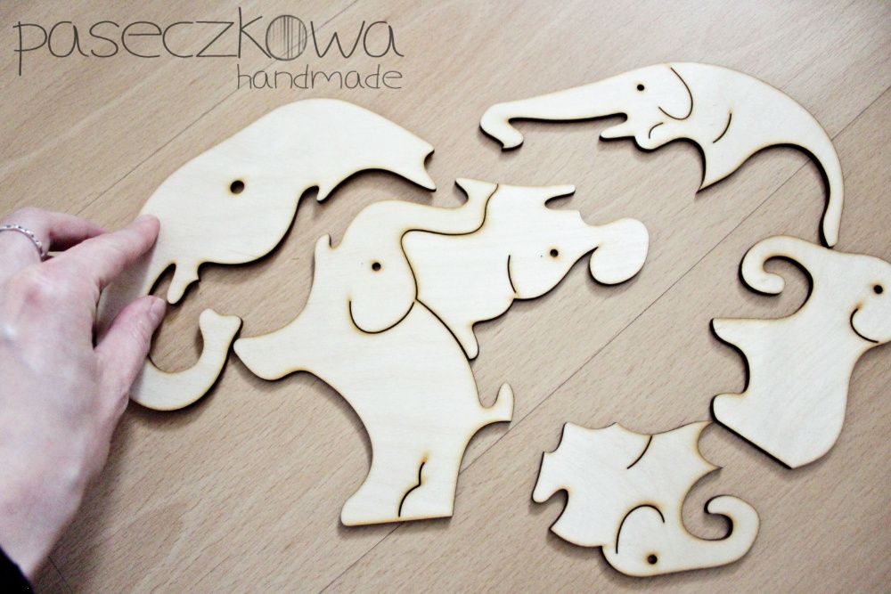 Drewniane puzzle słonik słoń 6 elementów, zabawa dla najmłodszych