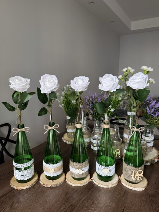 Ozdoby okolicznościowe rustykalne butelkowa zieleń wazony