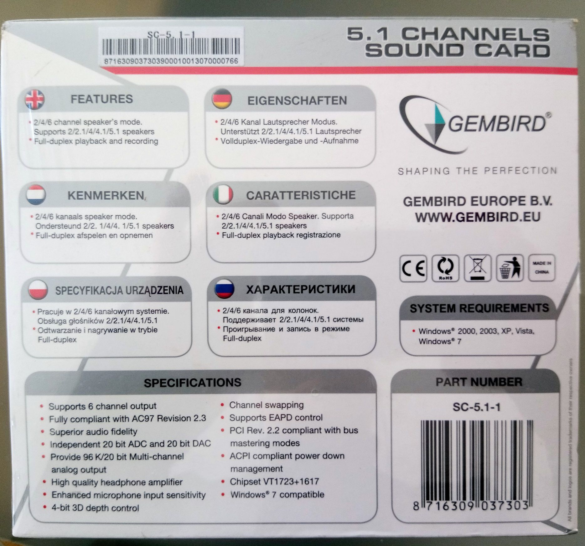 Placa de som 5.1 Channels PCI