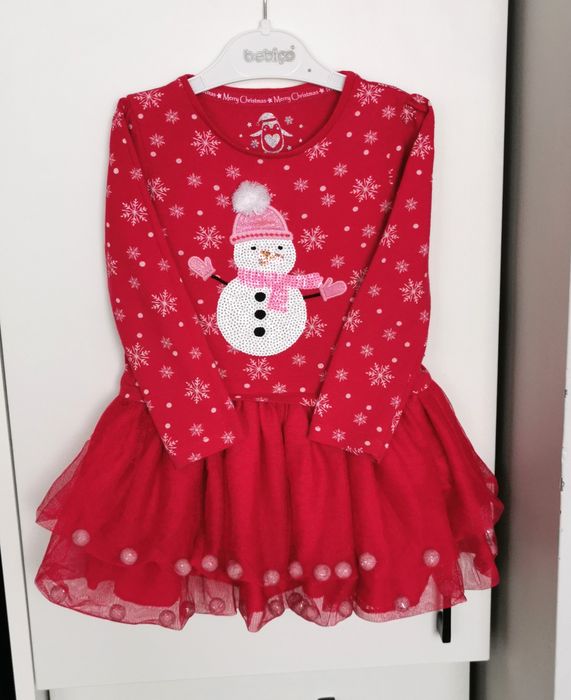 Sukienka świąteczna 92, czerwona, bałwan, pompony, tiulowa