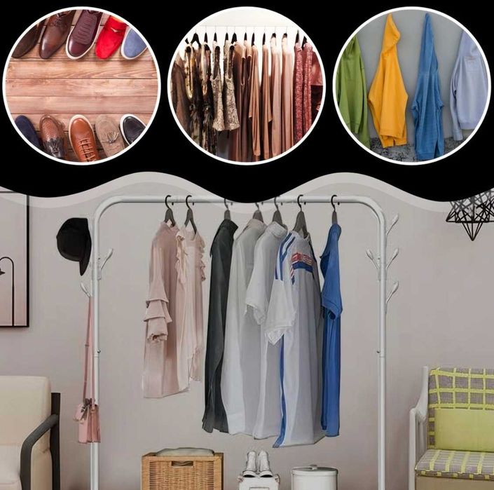 Wieszak podłogowy STOJAK NA UBRANIA buty stojący do garderoby BIAŁY