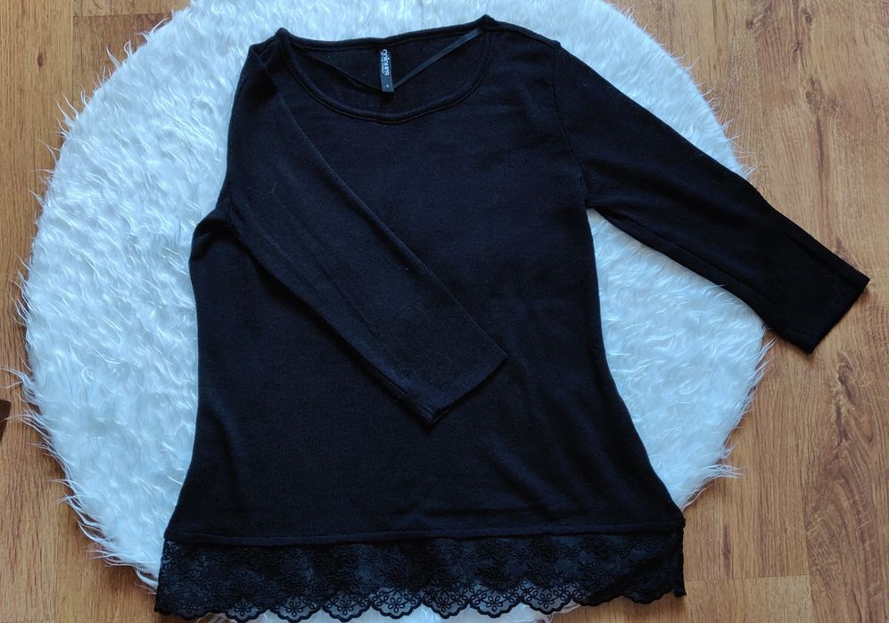 Czarna damska bluzka 3/4 rękaw półprzezroczysta z koronką M/L