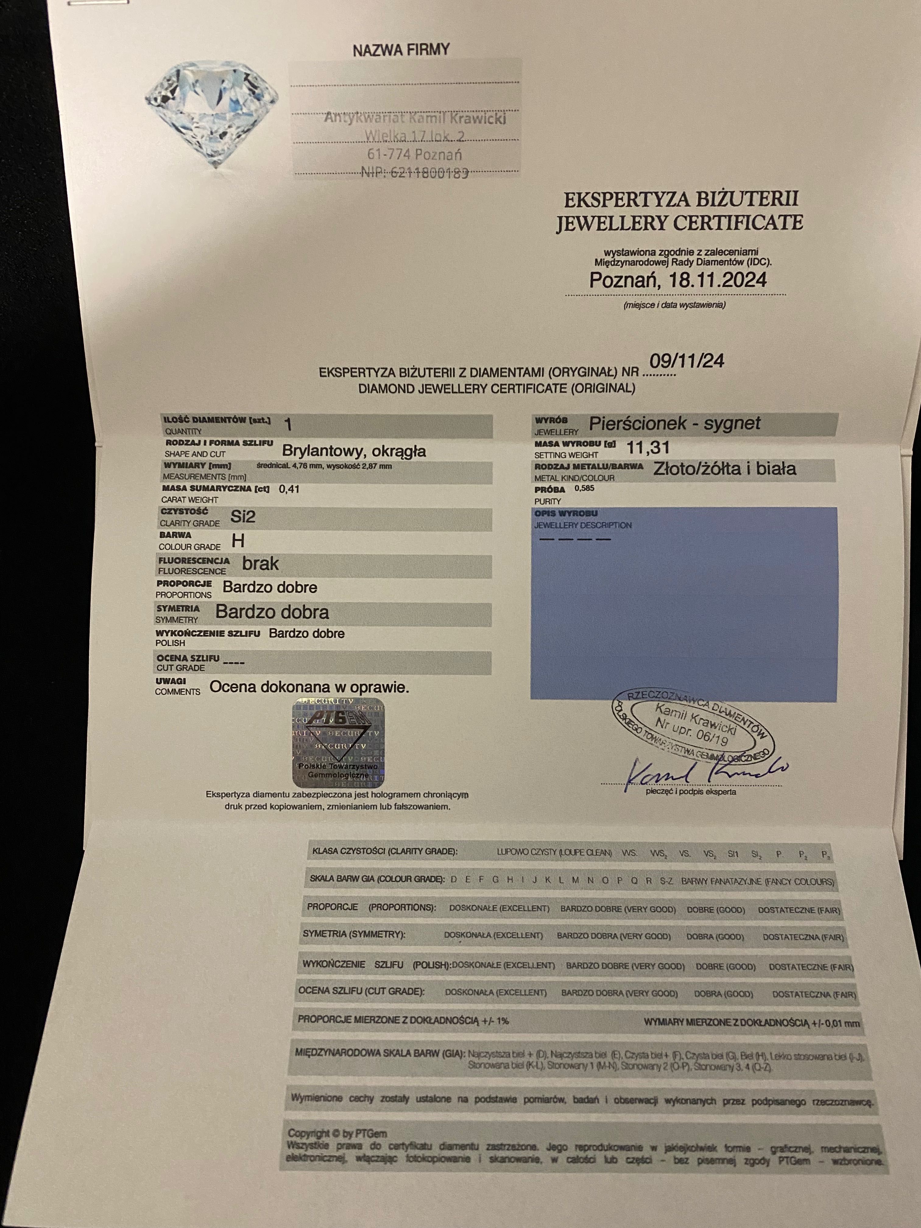 Złoty sygnet z diamentem 0,41 ct Certyfikat