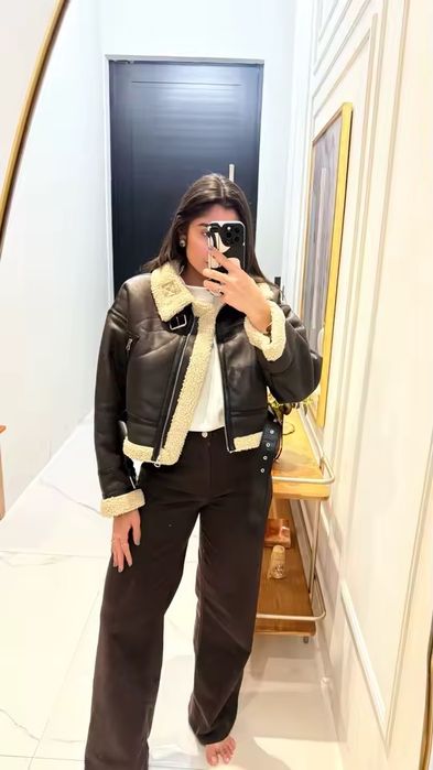 Дубленка zara короткая зимняя дубленка авиатор оверсайзд дубльонка мех