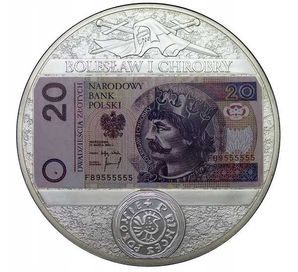 Moneta z Banknotem OLBRZYM GIGANT 70 mm Srebro Bolesław Chrobry 20 zł