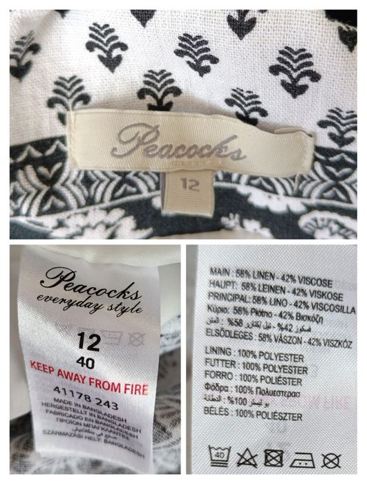 Peacocks letnia sukienka len wiskoza biało-czarna wzory V-neck casual