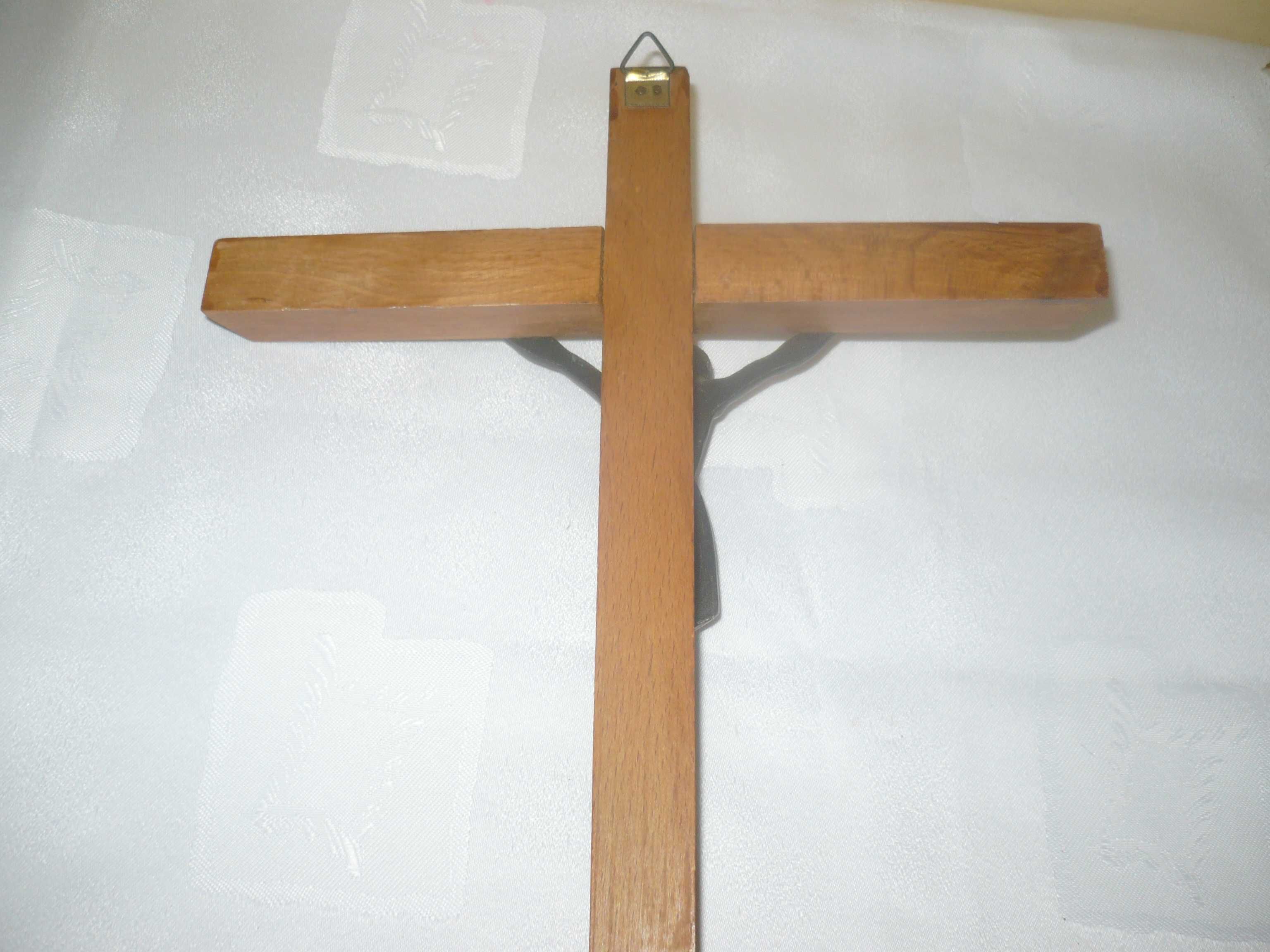 Pamiątki PRL-u krzyż krucyfiks drewno + mosiądz, wysokość 33,7 cm
