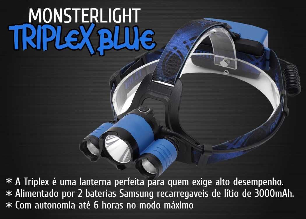 Kit lanterna cabeça MonsterLight Triplex com baterias recarregáveis