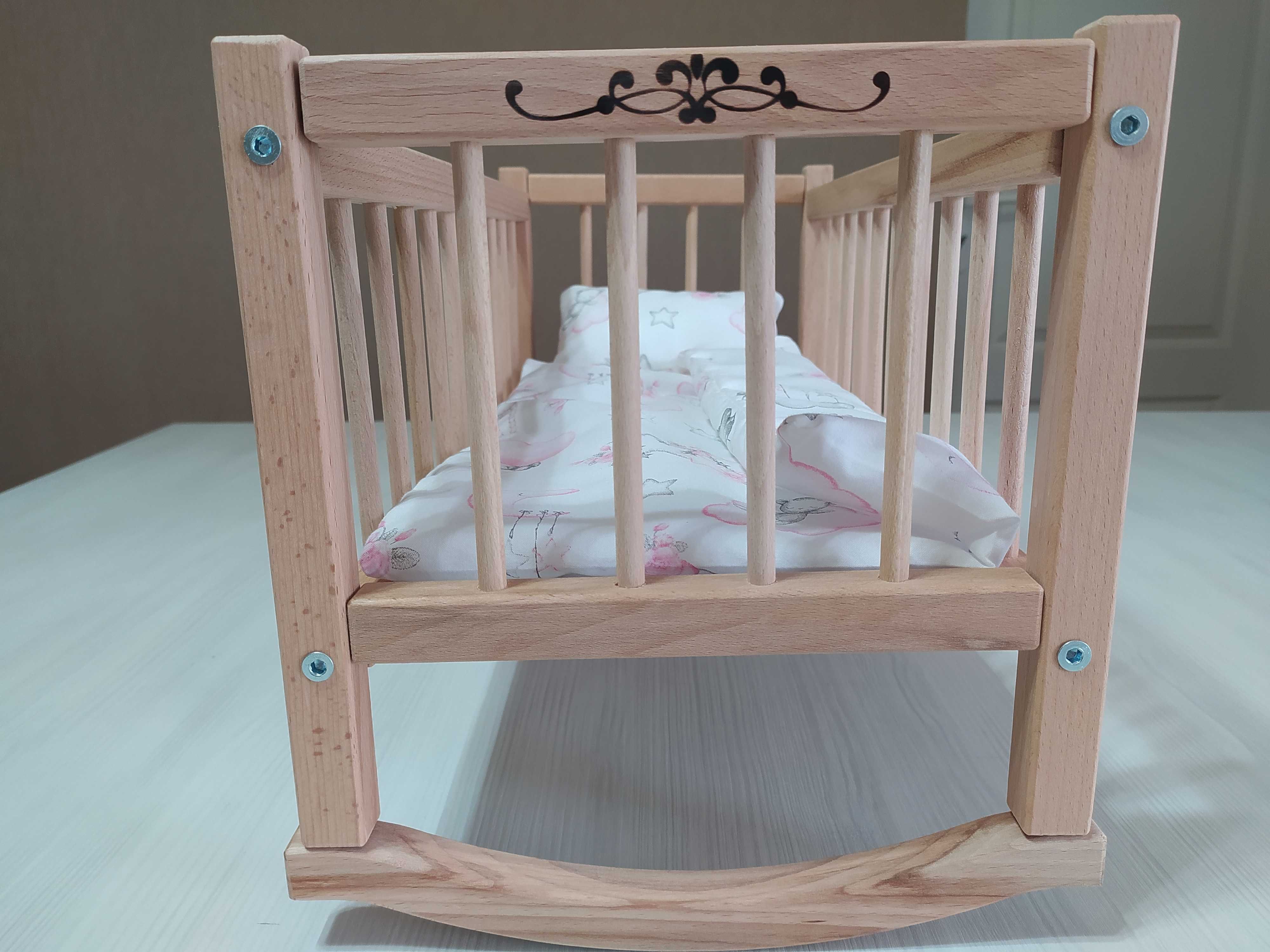 Ліжечко для ляльки дерев'яне, постіль. Кроватка для куклы деревянная