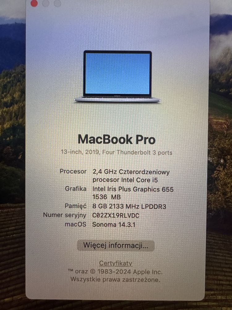 Macbook Pro 13” stan idealny 250 GB Touch bar