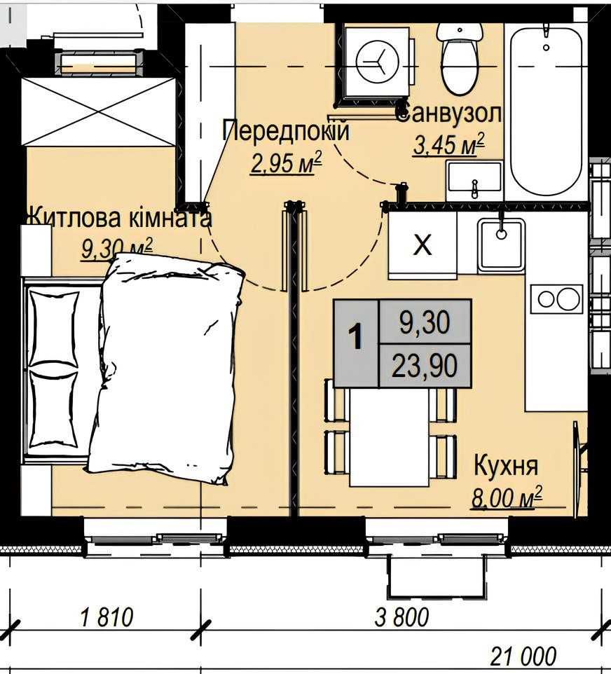 1к квартира, Єоселя, житловий сертифікат, 22800 дол