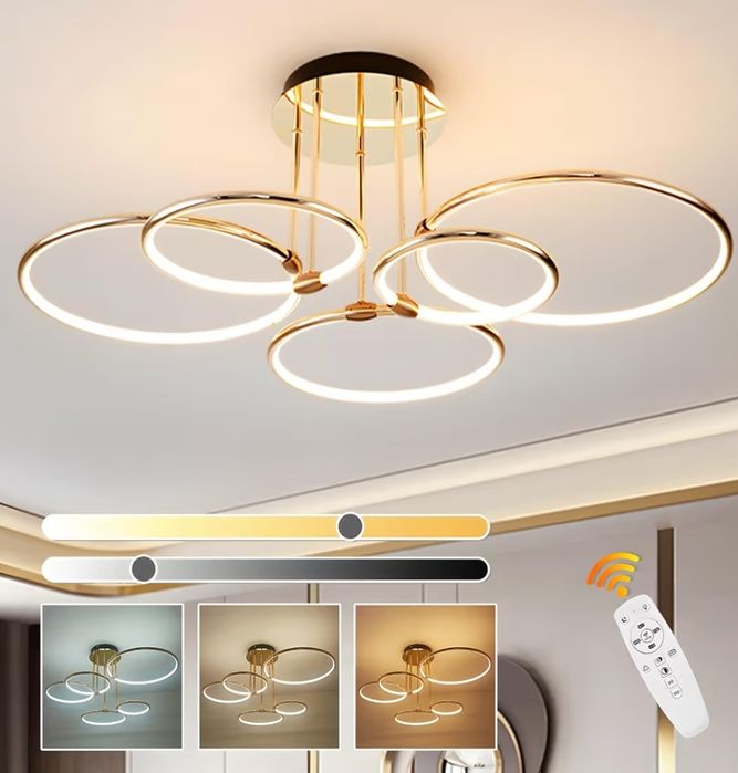 Nowoczesna Lampa Sufitowa LED – Złoty Żyrandol z 5 Pierścieniami