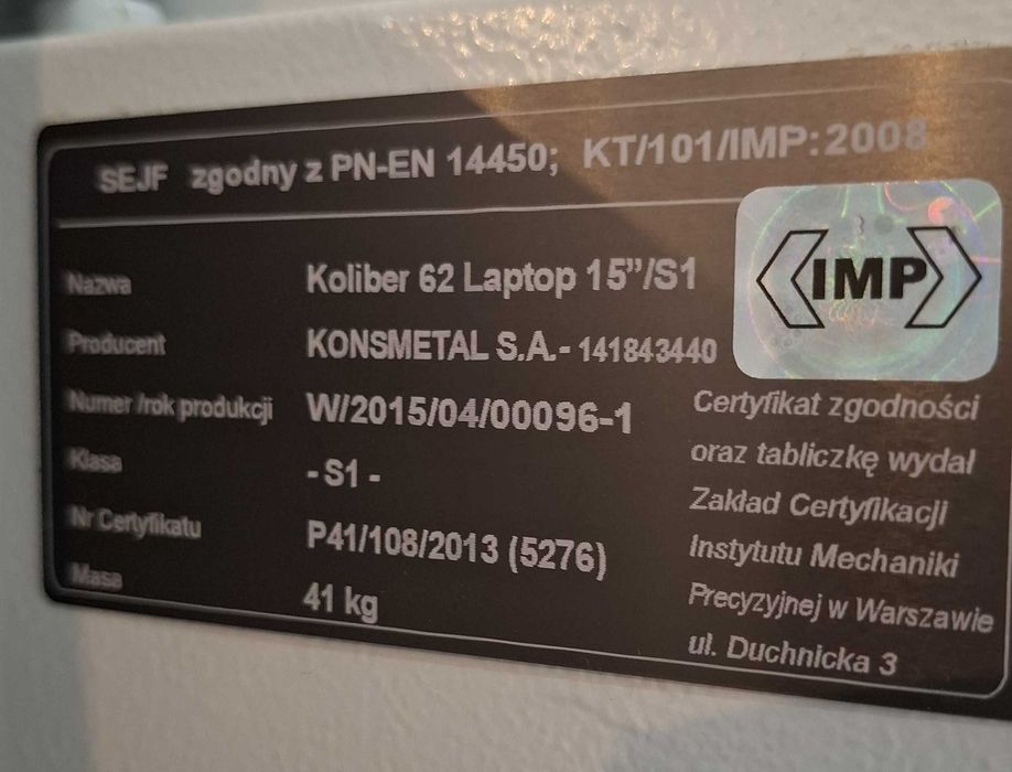 Sejf Konsmetal Koliber 62 laptop 15 zamek elektroniczny, klasa S1