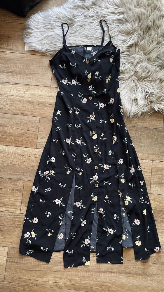 H&M czarna sukienka 36 s maxi lato wakacje plaża rozcięcia