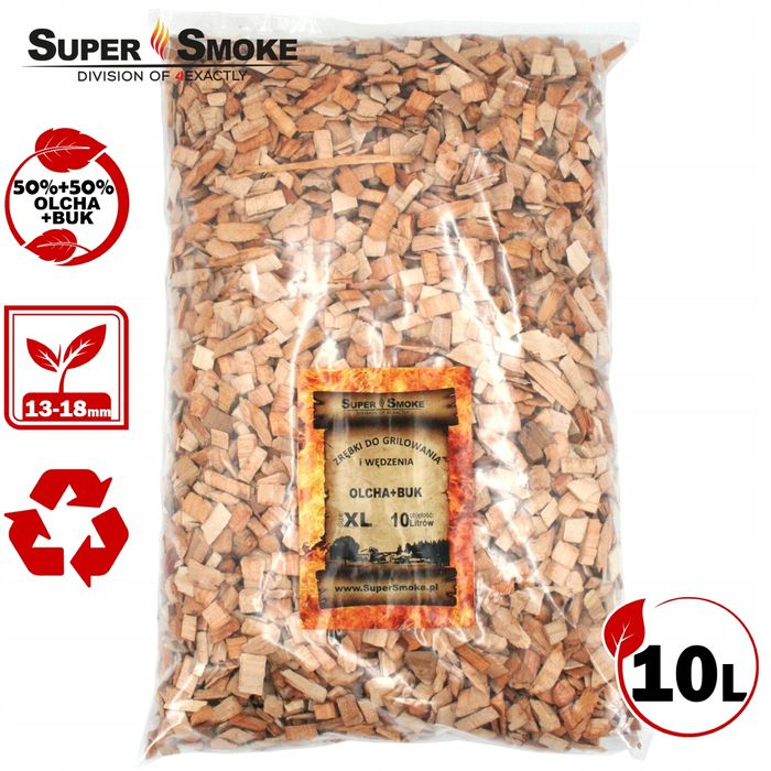 Zrębki Wędzarnicze Super Smoke OLCHA+BUK KL-13 (12-18mm) XL 10 Litrów