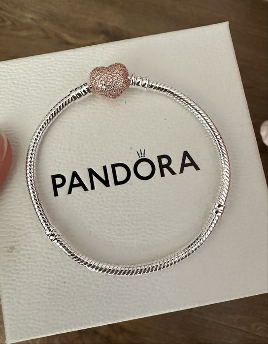 Nowa srebrna bransoletka Pandora zapięcie złote serce cyrkoni