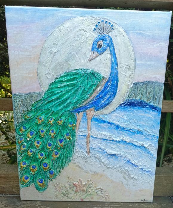 Obraz strukturalny rękodzieło akryle malowany paw