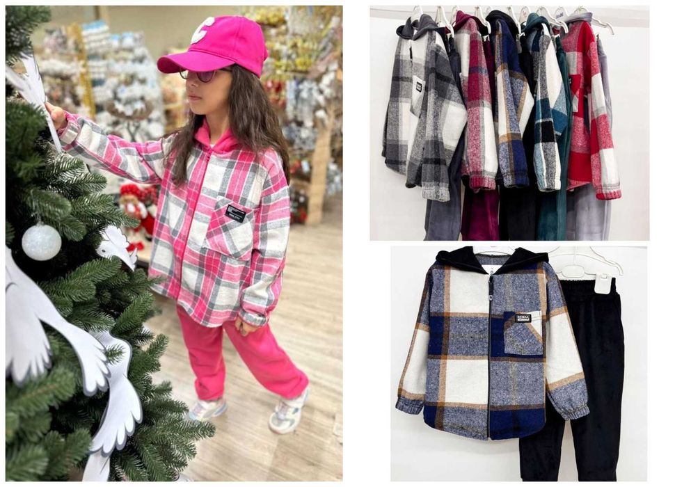 Теплий костюм клітинка кашемір+велюр хутро 98-158 см костюм клетка топ