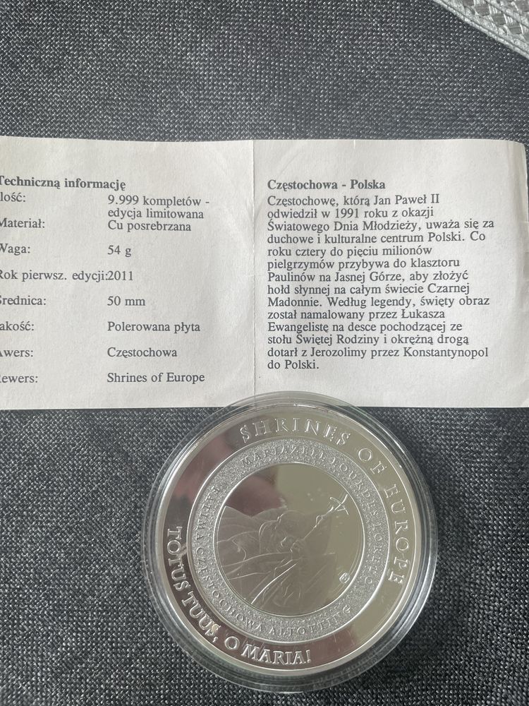 Moneta medal Totus tuus , o Maria certyfikat