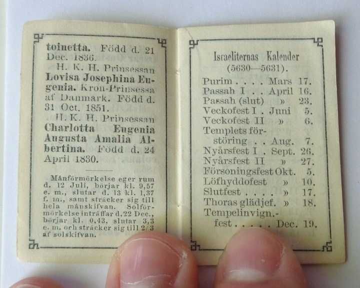 Szwedzki kieszonkowy kolekcjonerski kalendarzyk z roku 1870-zobacz