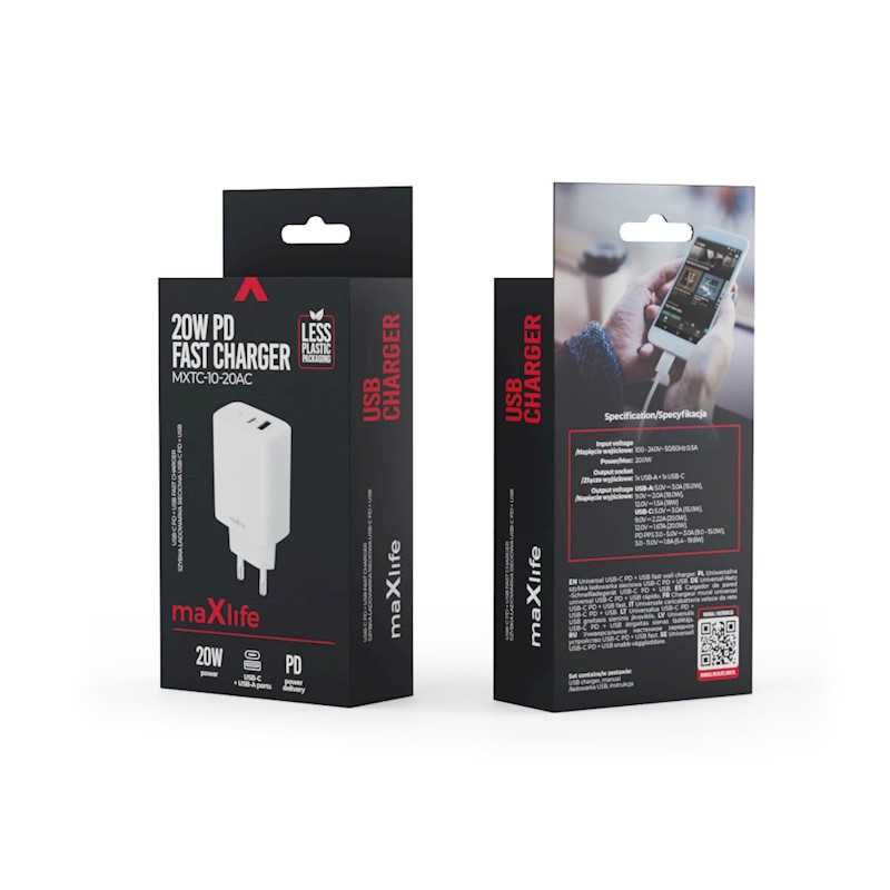 Maxlife ładowarka sieciowa PD QC MXTC-10-20AC 1xUSB-C 1x USB 20W biała
